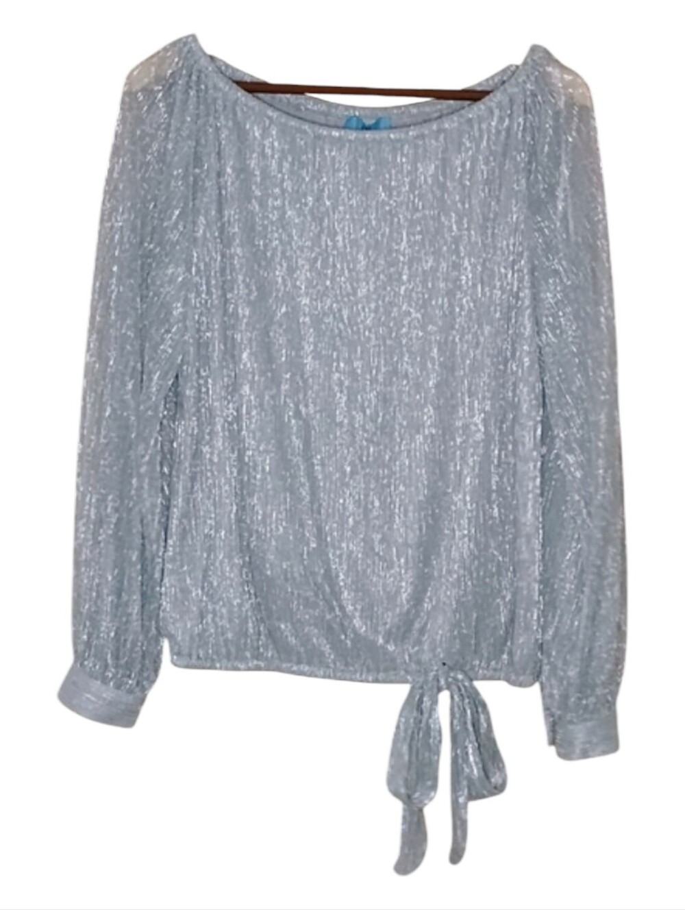 CeCe Silver Metallic Shimmer Long Sleeve Top Side Tie Knot Blouse - Size M